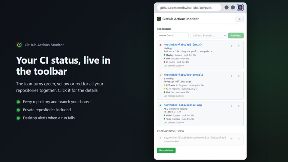GitHub Actions Monitor: toolbar status icon and popup listing each workflow's state
