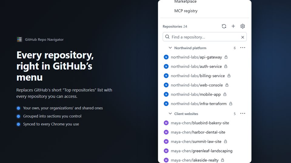 GitHub Repo Navigator: every repository, organized into sections, in GitHub's menu